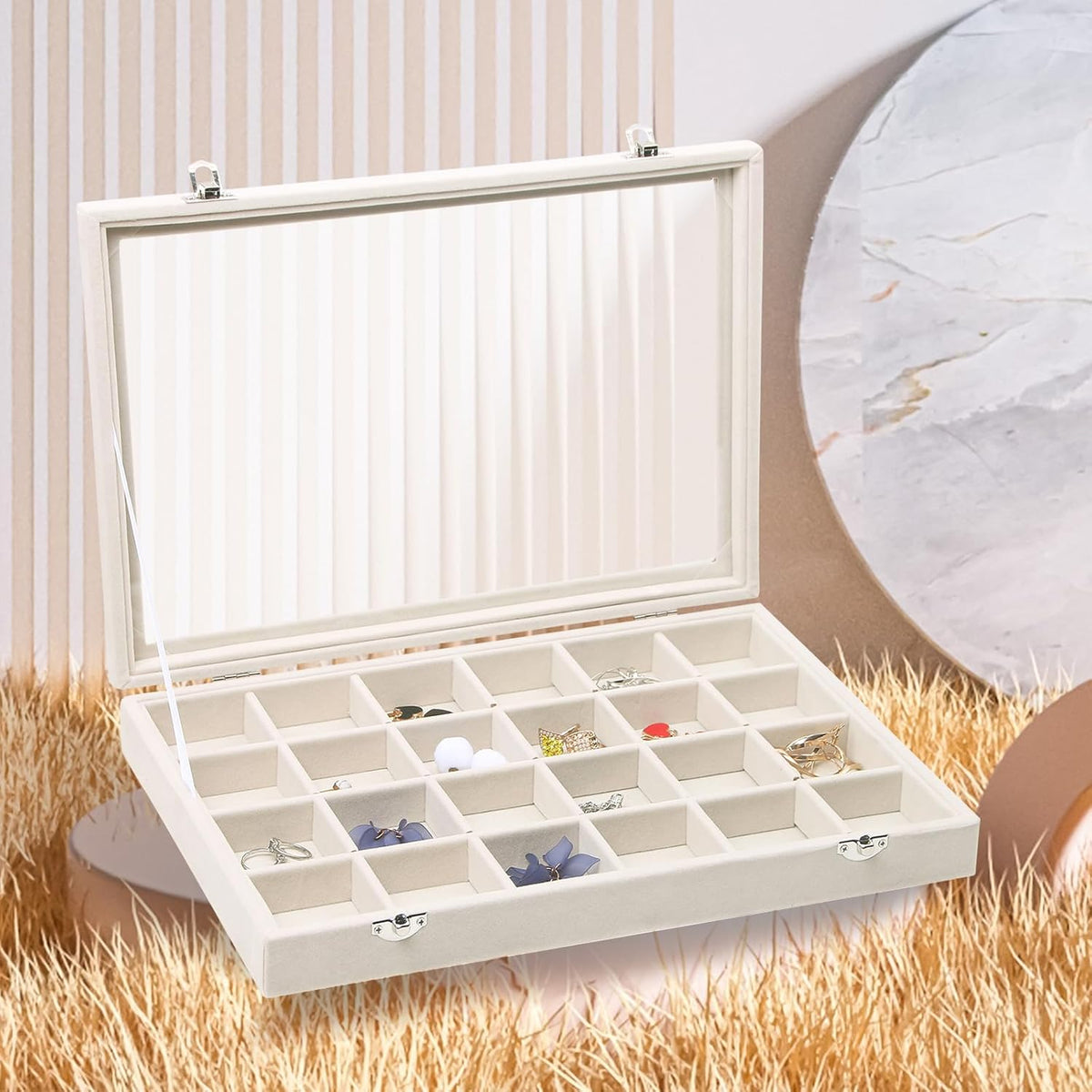 Stratalife Jewelry Organizer Jewelry Tray with Lid See-through Display Showcase Large Earring Organizer Velvet Storage Box for Earring Necklace Rings Dice Beige (24 Grids)