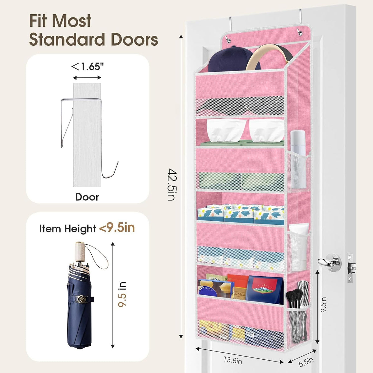 1 Pack Over The Door Organizer Hanging Storage Organizers with Clear Window 40lb Large Capacity Room Organizer for Pantry Laundry Bathroom Nursery Closet(Pink)