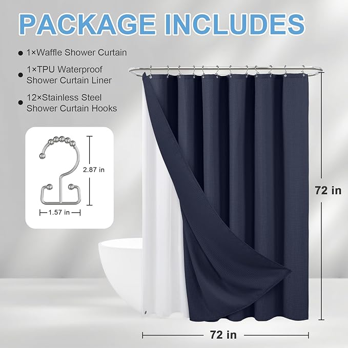 ROLIZOE 3-in-1 Waffle Texture Shower Curtain Set with TPU-Coated Waterproof Liner and 12 Upgraded Double-Sided Hooks, Well-Matched Sizes for a Seamless Fit – Navy Blue, 72" x 72"