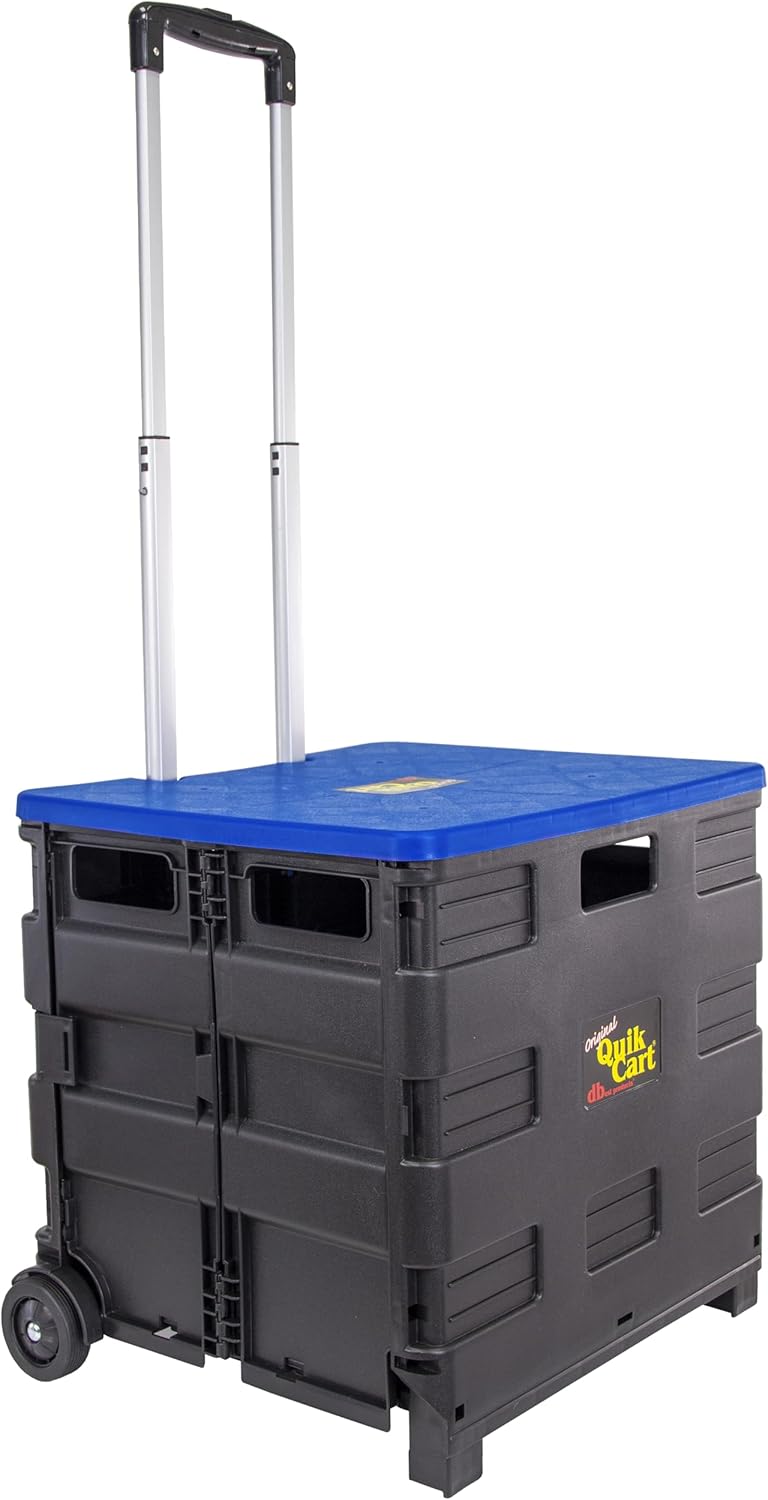 dbest products Quik Cart Collapsible Rolling Crate on Wheels for Teachers Tote Basket, 80 lbs Capacity, Blue Lid Made from Heavy Duty Plastic and used as a Seat