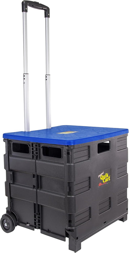 dbest products Quik Cart Collapsible Rolling Crate on Wheels for Teachers Tote Basket, 80 lbs Capacity, Blue Lid Made from Heavy Duty Plastic and used as a Seat