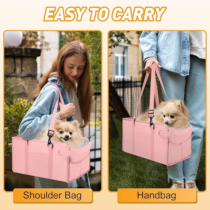 Portable Dog Car Seat for Small Dogs - Adjustable Safety Leash, Washable Cushion & Storage Pocket - Pet Booster Seat for Car Travel- Pink