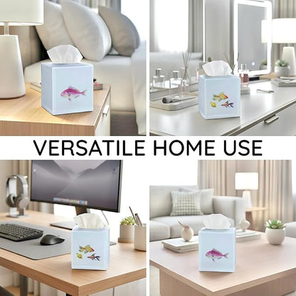 EmbroideryLinen.VN Tissue Box Cover Set of 2, Square Cotton Tissue Holder, Printed Animal Pattern, 4.5x4.5x5.5 Inches, Decorative Holder for Bathroom, Living Room, Office (Fish)