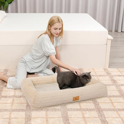 Plush Orthopedic Dog Bed for Medium Large Dogs, Memory Foam Bolster Sofa Bed with Removable Washable Cover, Waterproof Lining & Non-Slip Bottom (Tan-M)