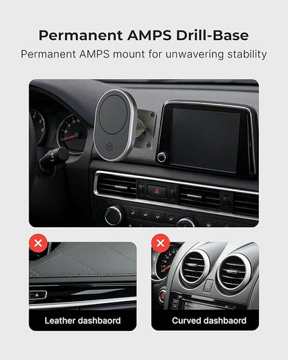 Car Cell Phone Holder with AMPS Mounting Plate - Wireless Magnetic Car Mount Charger - Stand Compatible with iPhone 14/15/16/17/Samsung, Fast Charging (Drill Base AMPS Plate)