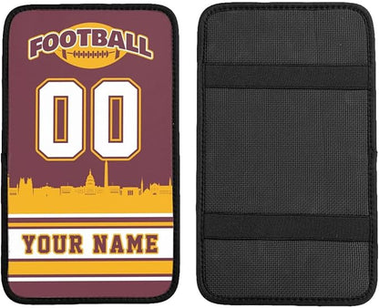 Custom Football Car Armrest Covers Personalized Football Style with Name Number Customized Auto Center Console Pad Car Handrail Box Cushion for Most Vehicle Decor Accessories, Yellow