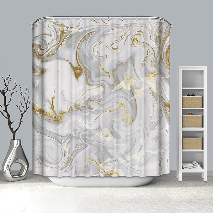 Domoku Grey Gold Marble Shower Curtain,Grey Golden Cracked Lines Abstract Modern Shower Curtain for Bathroom Decor,Waterproof Texture Washable Fabric Shower Curtain,72 X 72