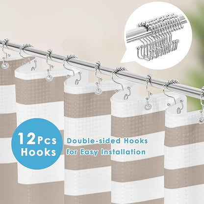 Nesphy Shower Curtain and Liner, Taupe Striped 3 in 1 Shower Curtain and PEVA Liner Set with 12 Rust-Resistant Metal Hooks, Waterproof Fabric Shower Curtains for Bathroom, 72 W x 72 H