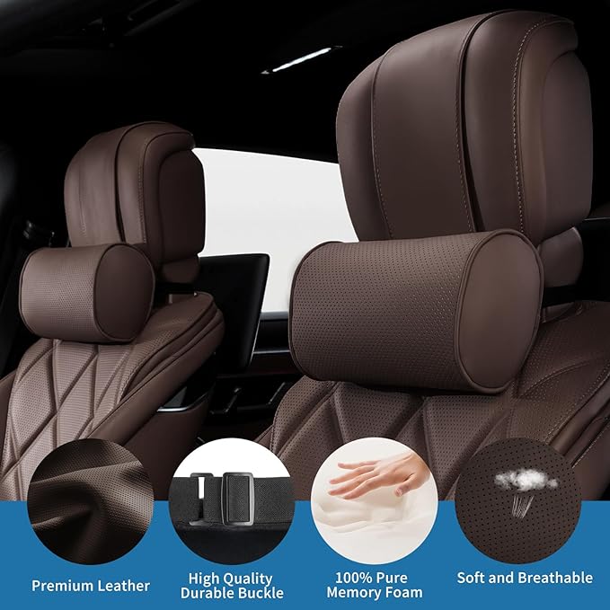 Car Headrest Pillow for Driving - Luxury Leather 100% Memory Foam, Ergonomic Neck Support - Universal Fit Head Rest Travel Pillow for Most Cars, Home & Office, Brown, 2 Pack
