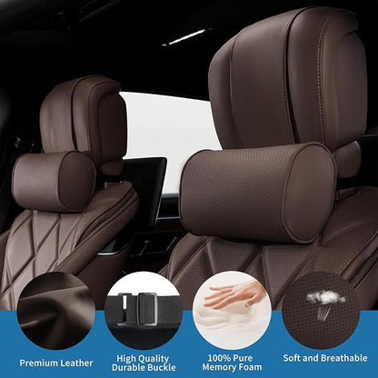 Car Headrest Pillow for Driving - Luxury Leather 100% Memory Foam, Ergonomic Neck Support - Universal Fit Head Rest Travel Pillow for Most Cars, Home & Office, Brown, 2 Pack