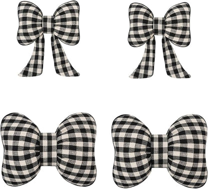 Car Accessories Plaid Bow Headrest Lumbar Pillow 4PCs Set Cotton Linen Elegant Soft Car Seat Cushions for Daily Commuting Trave (Black Plaid,4pcs)