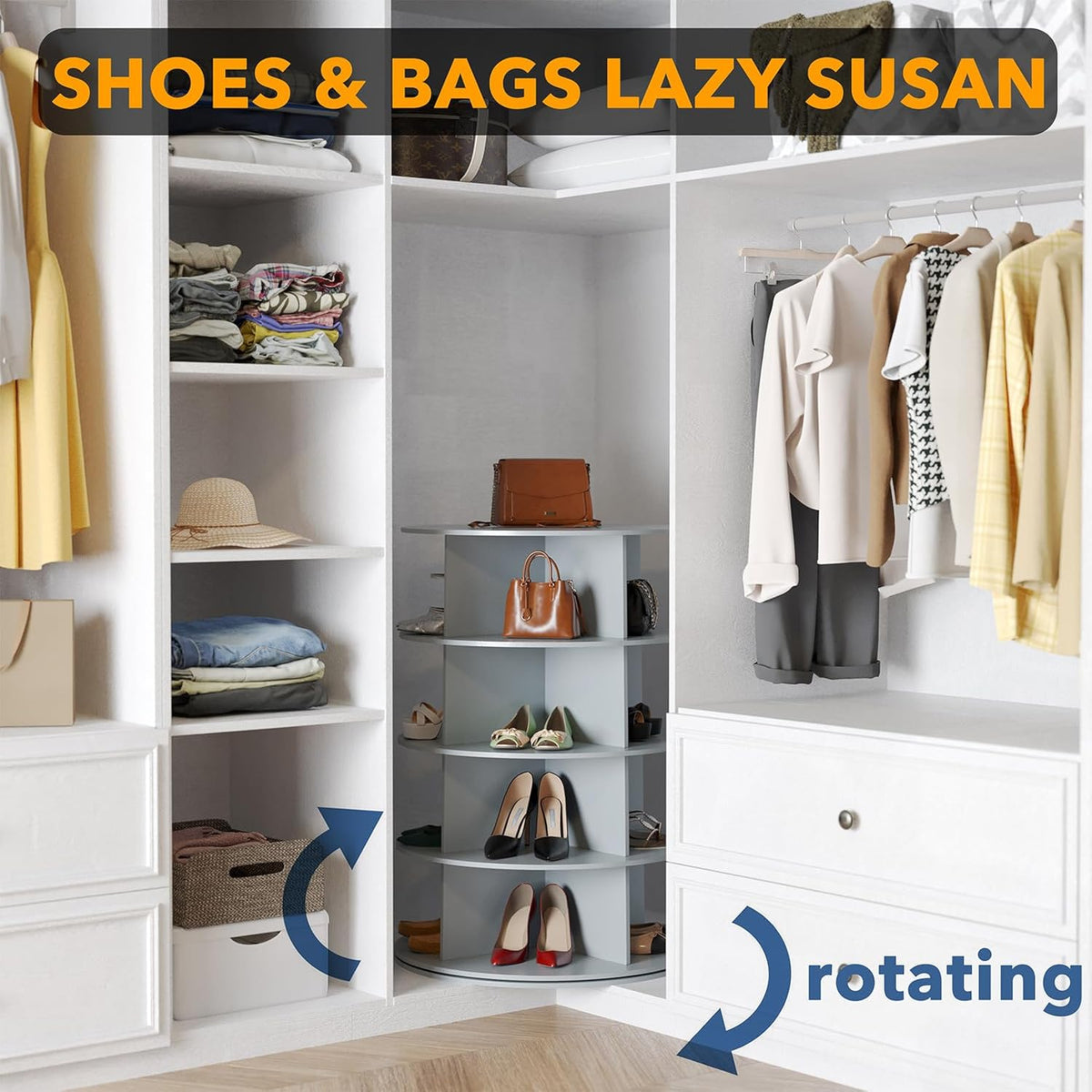 SpaceAid 4 Tier Rotating Shoe Rack Tower, Spinning Shoe Display Lazy Susan, Revolving 360 Shoe Rack Storage Round Carousel, Vertical Handbag Rotate Shoes Closet Organization (4-Tier Gray)