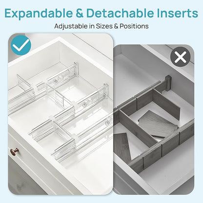 Vtopmart 2.36” Drawer Dividers with Expandable Inserts, 12.8"-22.3" Adjustable Kitchen Drawer Organizer, Clear Plastic Organizer Separator for Flatware, Utensil, Cutlery, 4 Dividers with 6 Inserts