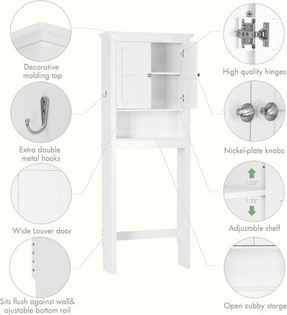 Spirich Over The Toilet Storage Cabinet, Space-Saving Above Toilet Bathroom Organizer with Adjustable Shelf and Hooks, White