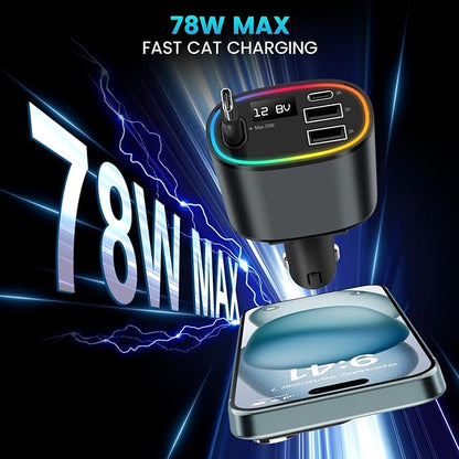 Car Charger USB C Fast Charging, 78W Cigarette Lighter Adapter, Retractable Car Charger for Travel Essentials for iPhone 16/15/14/13/12/11,Galaxy,Pixel, for Car Accessories Black