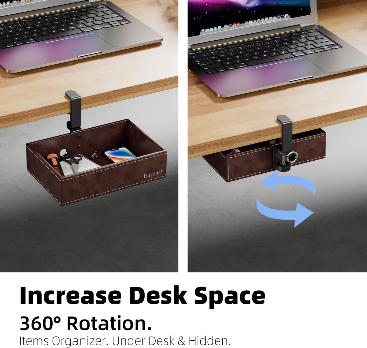 Mesh Hidden Desk Organizer with Swivel Drawer, Heavy-Duty C-Clamp Mount for Office Supplies, Art Tools & Pencil Storage – Easy Install Desktop Accessories (Coffee)