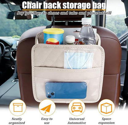 Car Seat Back Organizer, Leather Multipurpose Automotive Hanging Storage Bag Pockets, Vehicle Interior Backseat Trash Bag Can Organizer Accessories, Universal for Most Cars (Beige)