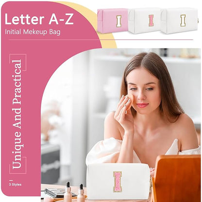 Personalized Makeup Bag Initial A-Z Preppy Patch Bag,Small PU Leather Travel Cosmetic Bag Pouch with Zipper,White Cute Toiletry Bag,Gift Ideal for Teen Girls Women Birthday Friend Mom,Letter I