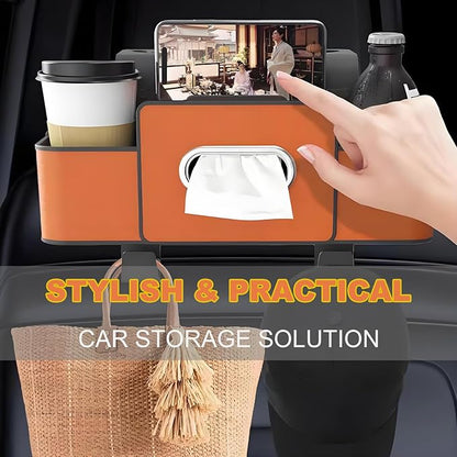 Car Back Seat Organizer, Multifunctional Car Seat Back Storage Box with 2 Cup Holders, Tissue Box for Hold Phones,Snacks, Drinks, Handbags (Brown)