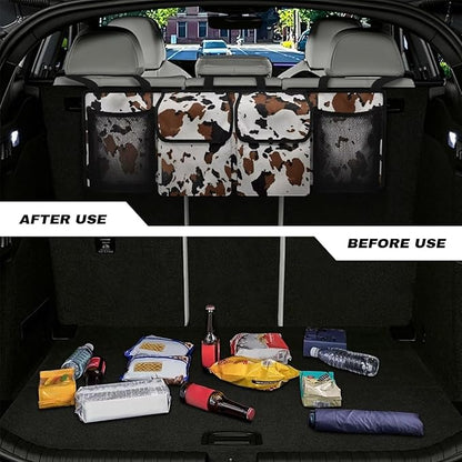 Car Trunk Organizer and Storage Backseat Hanging Organizer Brown Cow Print Car Accessories Oxford Cloth Washable Space-Saving Backseat Car Organizer for SUV/MPV/Truck/Sedan/Van