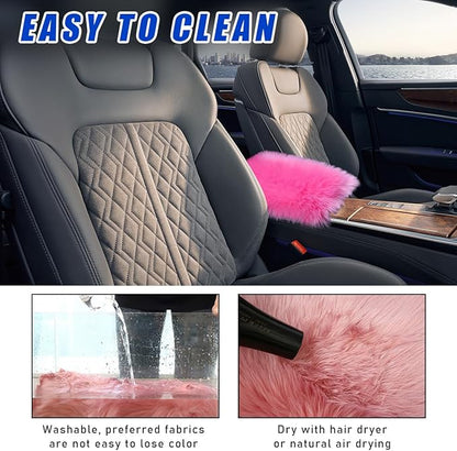 Furry Car Center Console Cover, 11.8"×7.9" Sheepskin Wool Armrest Box Cushion Pad, Comfort Soft Auto Center Console Protector, Interior Decor Accessories for Most Vehicles (Dark Pink)