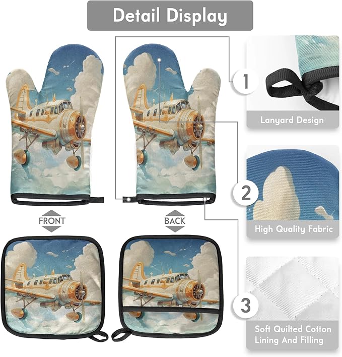 Airplanes Oven Mitts and Pot Holders Sets, 2 Pcs Decorative Kitchen Oven Glove for Cooking