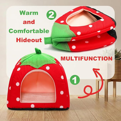 Guinea Pig Bed Rabbit Hideout Warm Fleece Cuddle Cup Washable Sleeping House for Small Animals Pet/Ferret/Chinchilla/Bunny Strawberry Red