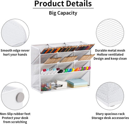 Marbrasse Mesh Desk Organizer, Multi-Functional Pen Holder, Pen Organizer for desk, Desktop Stationary Organizer, Storage Rack for School Home Office Art Supplies (White - Mesh Pen Holder)