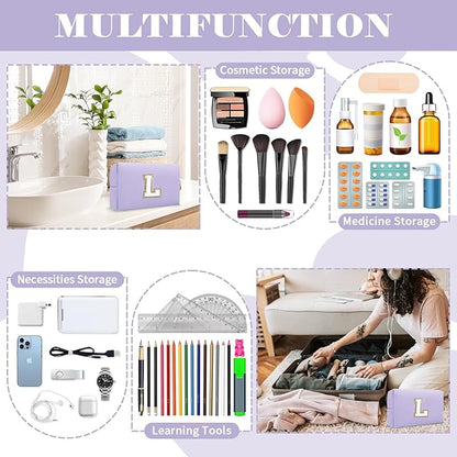 Personalized Makeup Bag Initial A-Z Preppy Patch Bag,Small PU Leather Travel Cosmetic Bag Pouch with Zipper,Purple Cute Toiletry Bag,Gift Ideal for Teen Girls Women Birthday Friend Mom,Latter L