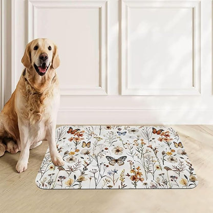 Wildflower Butterfly Dog Food Mat Absorbent Bowl Mats No Stains Quick Dry Waterproof Pet Cat Placemats for Food and Water, 30x45cm