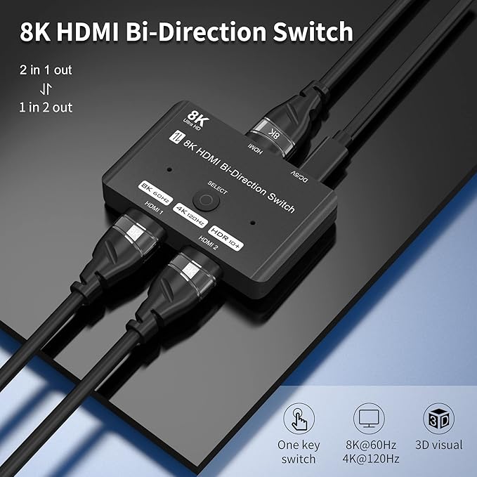 HDMI 2.1 Bi-Directional Switch Ultra HD 8K HDMI Switcher 2 in 1 Out/ 1 in 2 Out