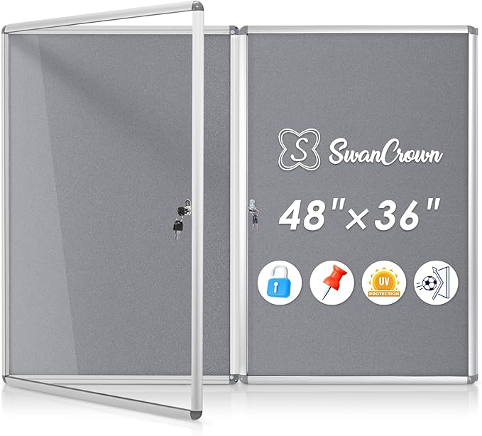 SWANCROWN Enclosed Bulletin Board 36x24 in, Tamperproof Lockable Grey Felt