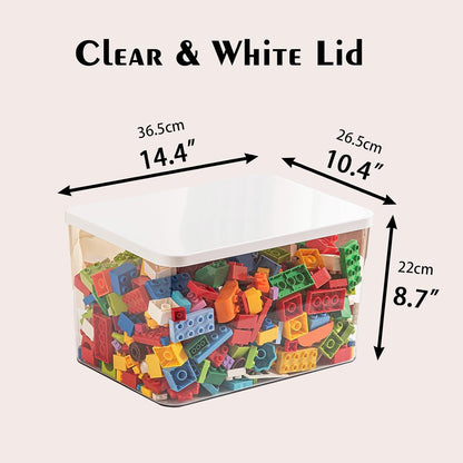 Clear plastic storage bins with LIDS-3packs,storage containers for snacks, cosmetics, books, dog food, Storage Organizer for Nursery，Kitchen, Living room,Bedroom, Bathroom, Office (Clear-White Lid)