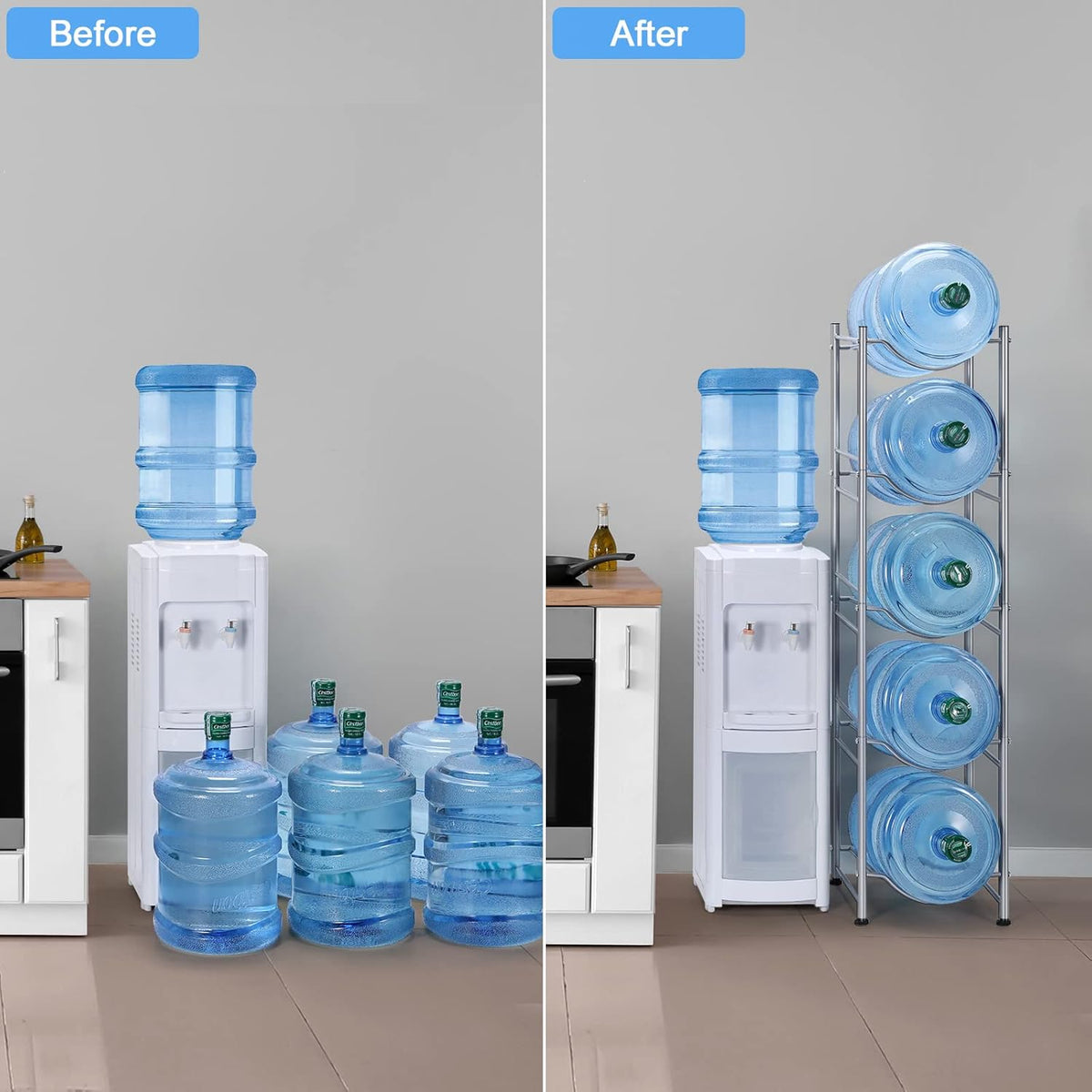 smusei 5 Gallon Water Bottle Holder 5 Tier Detachable Water Cooler Jug Holder, Heavy Duty Water Jug Stand Storage Rack for Home Office Kitchen, Silver