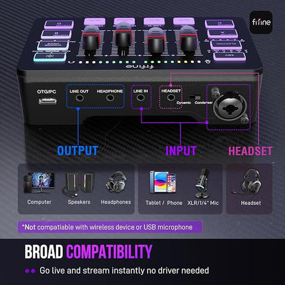 FIFINE Gaming Audio Mixer, Streaming RGB PC Mixer