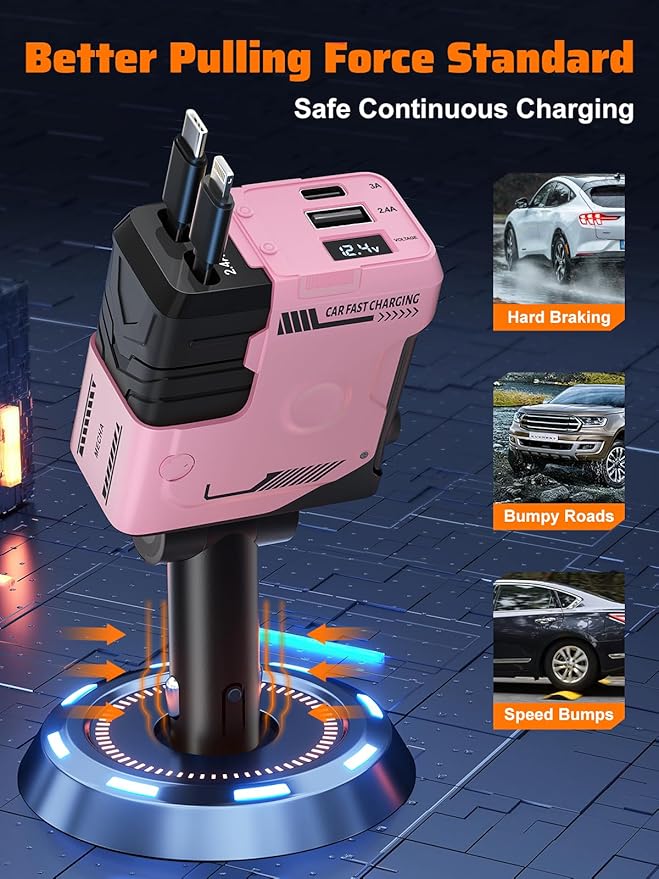 Retractable Car Charger with Retractable Cable (31.5 inch), 4 in 1 Super Fast Car Phone Charger, 2 USB Ports Adapter, Compatible with iPhone 15 14 13 12 11 Pro Max, iPad, Pixel