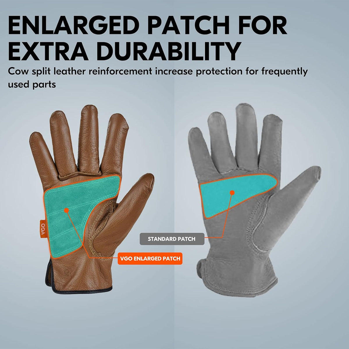 Vgo... 1-Pair Unlined Safety Cow Grain Leather Work Gloves Men, Rigger Gloves, Builder Gloves, Water Resistant, Palm Patched (Size L, Brown, CA9597WP)