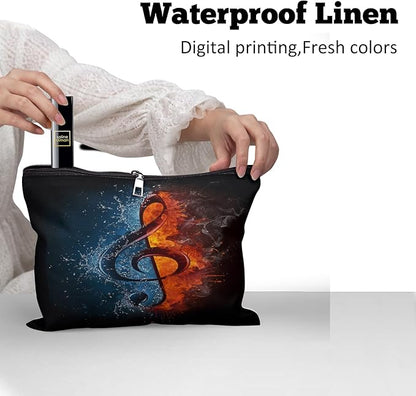 Cafl Fire Water Musical Clef Makeup Bag Travel Large Musical Note Cosmetic Bag Organizer toiletry Essentials Jewelry Zipper Bag Gift For Women -10×8 inch