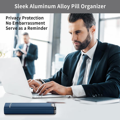 Metal Weekly Pill Organizer, Serfeymi Aluminum Daily Pill Box(Spare Gasket Provided),7 Day Pill Case Travel Medicine Organizer,Pill Containers with Individual Lid for Vitamins,Pills, Supplement-Blue