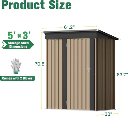 Flamaker 5x3 FT Storage Shed Waterproof Metal Garden Shed with Lockable Door Utility Tool Shed Outdoor Storage for Backyard, Patio and Lawn, Brown