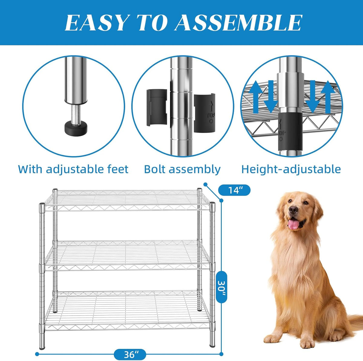 3-Shelf Adjustable Metal Shelf Wire Shelving Storage Rack for Office,Kitchen,Bedroom,Bathroom,Laundry,Pantry Basement,Garage(Chrome,36" L x 14" W x 30" H)