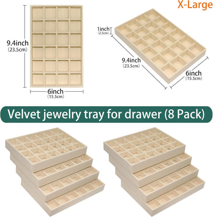 24 Grid Stackable Jewelry Organizer Tray Velvet Jewelry Drawer Inserts Earring Organizer for Women Jewelry Display Box Case for Earring Rings Stud Necklaces (Set of 8, Beige