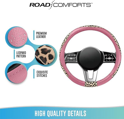 Road Comforts Steering Wheel Cover - Made with PVC Leather and Leopard Fabric - Universal 14 1/2 inches to 15 inches for Most Automotive Steering Wheel - Cheetah Print -Pink