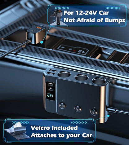 9 in 1 Cigarette Lighter Splitter, USB C Car Charger Adapter with PD30W, 3 Sockets with Independent Switches, LED Voltmeter 12V Power Outlet TSNAM