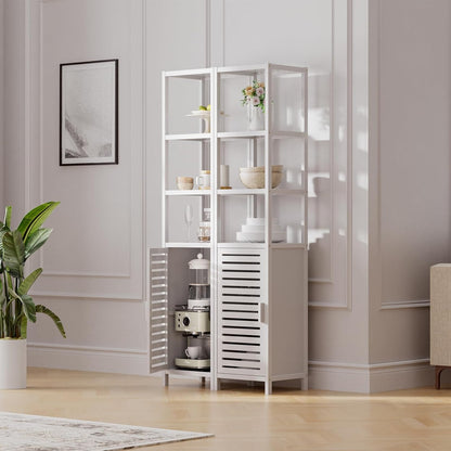 HITNET Bathroom Tall Cabinet, Floor Standing Bamboo Storage Cabinet with 6 Shelves and Shutter Door for Kitchen Living Room, White