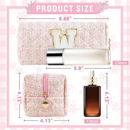 Personalized Quilted Cosmetic Bag, Puffy Monogrammed Christmas Birthday Gifts for Women & Girls, Cute initial Floral Makeup Bag Puffer Coquette Bag, Aesthetic Travel Toiletry Zipper Pouch(Pink,W)