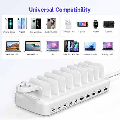 285W Charging Station for Multiple Devices, 10 Ports Fast Multi-Device Charger