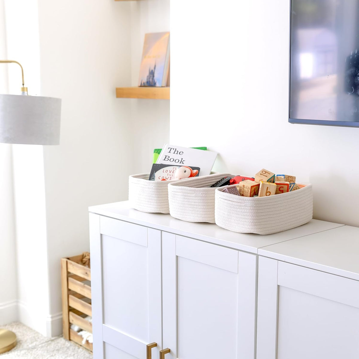 NaturalCozy 11.8"x8"x4.5” Storage Baskets for Shelves 3 Pack | Cotton Rope Woven Small Baskets for Organizing | Small Storage Bins for Nursery, Bathroom, Closet, Cube Shelf, Decorative, Gift Basket