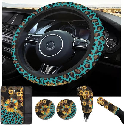Sunflower Print Car Steering Wheel Cover Set for Men Women Leopard Print Auto Accessories 6 Pcs Sets Car Armrest Cover Handbrake Cover Suit for Most Cars Truck Vans SUV