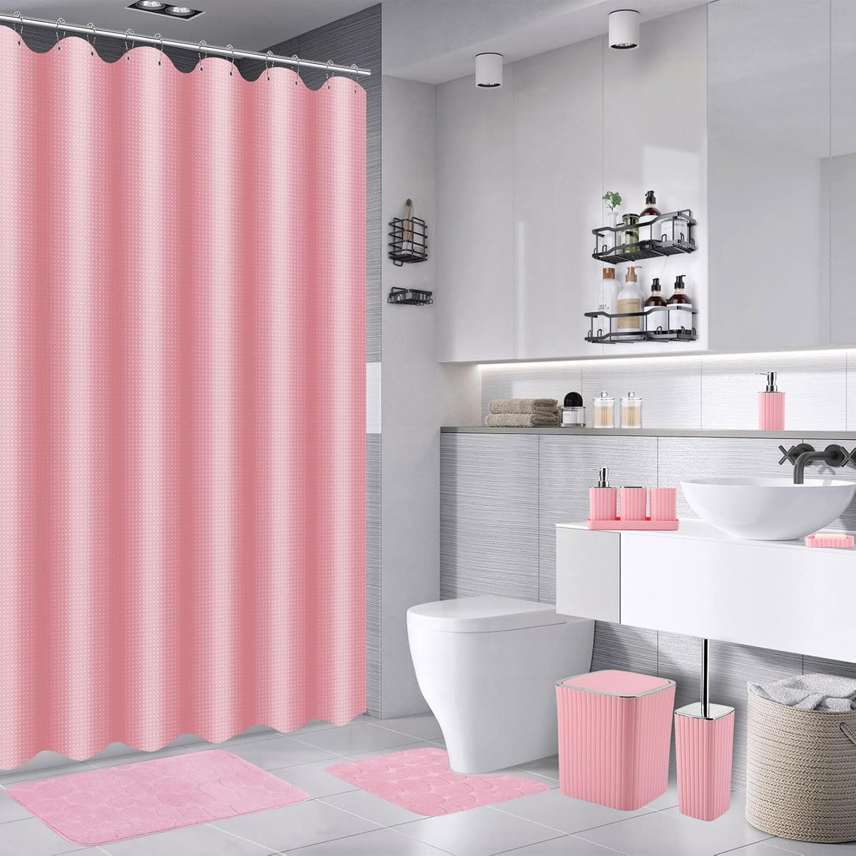 30PC Bathroom Accessories Set - Gorgeous Pink Bathroom Set, Bathroom Accessory Set, Pink Shower Curtain Set with 5PC Shower Caddy